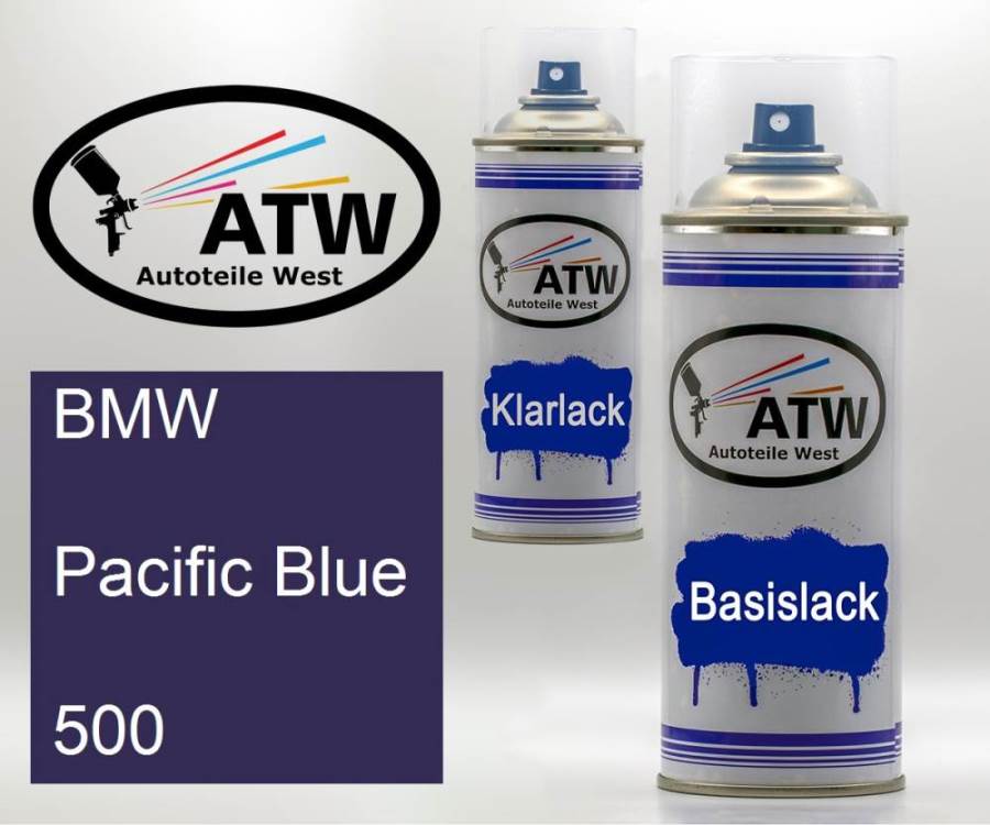 BMW, Pacific Blue, 500: 400ml Sprühdose + 400ml Klarlack - Set, von ATW Autoteile West.